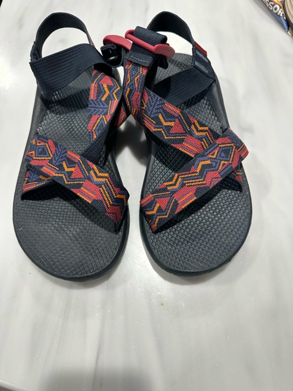 Chaco Womens Black Sandals with Multicolor Geometric Straps